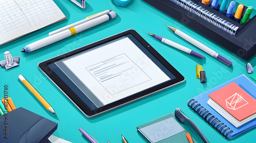 A tablet with blank screen and office supplies on a teal background.