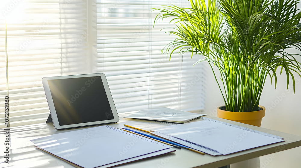 A white desk with a tablet, notebooks, pencils, and a potted plant in front of a window. A white desk with a tablet, notebooks, pencils, and a potted plant in front of a window.