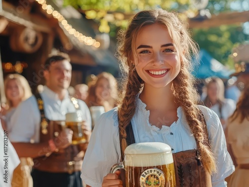 Smiling friends dressed in Bavarian clothing, holding large beer mugs, festive Oktoberfest vibes photo