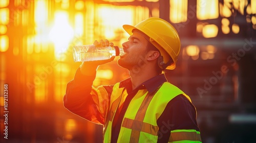 Construction Worker Drinking Water at Sunset on Job Site

