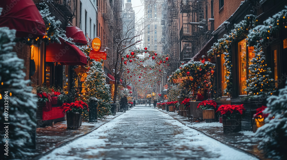 Fototapeta premium photo of street in new york decorated for christmas, new year decor, architecture, road, city, xmas