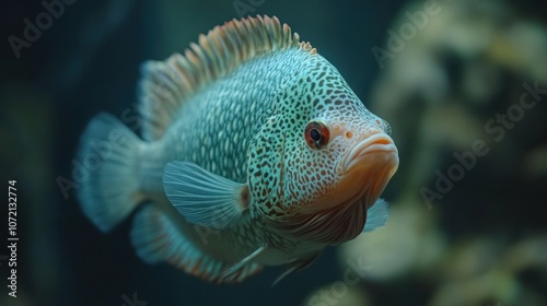 Ornamental flowerhorn fish with a prominent hump, clean aquarium  photo