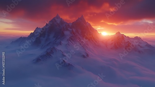 Majestic mountain peak illuminated by sunset light against soft Background