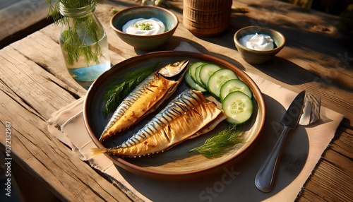 Golden-Fried Stekt Makrell with Fresh Dill, Cucumber, and Sour Cream photo