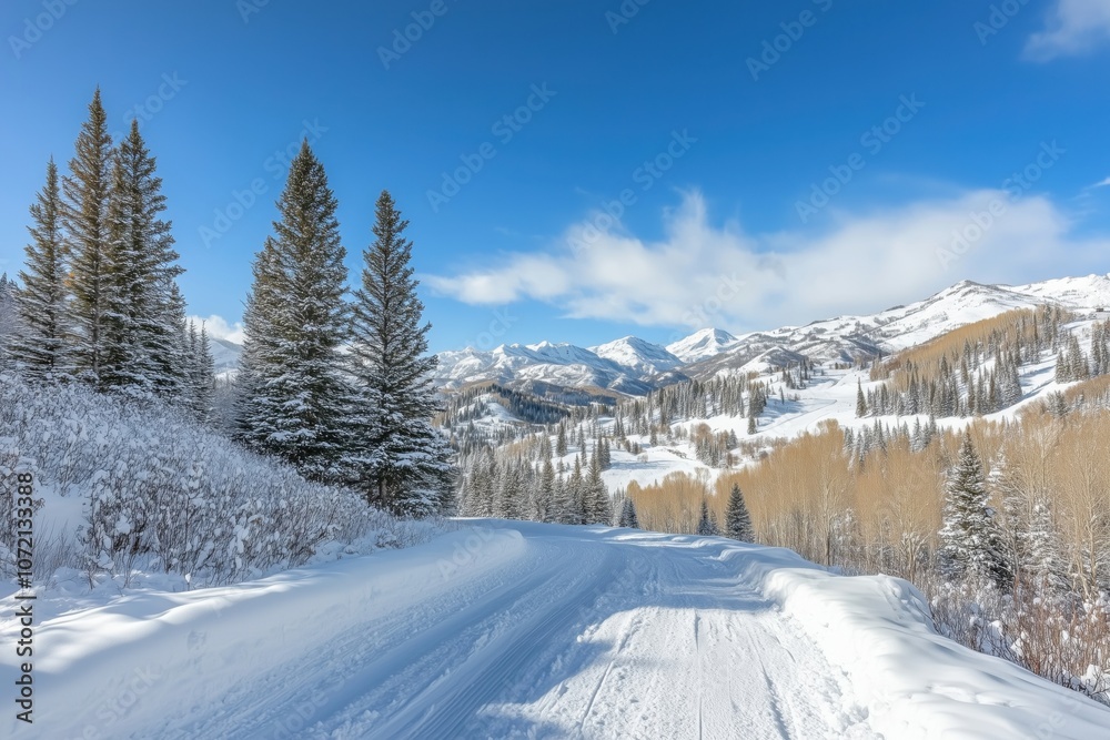 Snowy winter landscape with mountains and trees Snowy winter landscape with mountains and trees