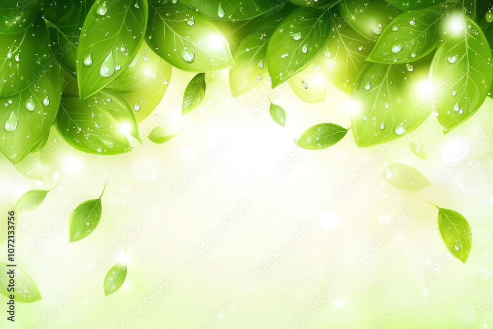 A serene background featuring green leaves with water droplets, creating a fresh and vibrant atmosphere. A serene background featuring green leaves with water droplets, creating a fresh and vibrant atmosphere.