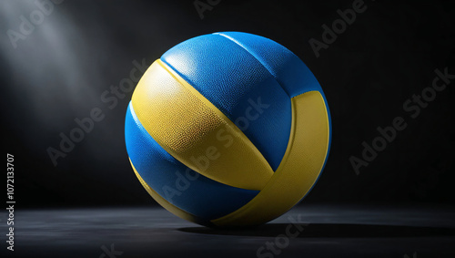 Illustration of a blue and yellow patterned volleyball on a dark background, illuminated by a spotlight that focuses on the ball, creating a dramatic and intense effect that highlights the main object