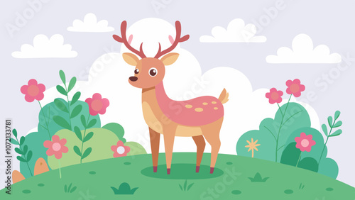 A cartoon deer with big antlers, standing on a grassy hill