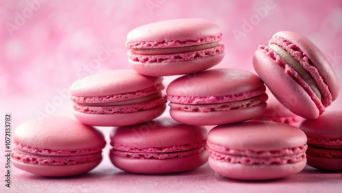 Pink macarons with a delicate filling, arranged on a light pink background, capture the essence of French pastry artistry.