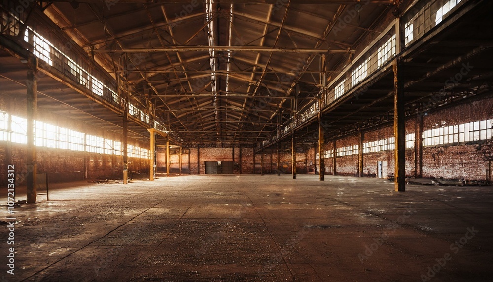 Nave industrial abandonada: Un interior grunge de una fábrica oscura y vacía con paredes de ladrillo blanco sucio, metal vintage y acero oxidado, creando un espacio grande y espeluznante. Nave industrial abandonada: Un interior grunge de una fábrica oscura y vacía con paredes de ladrillo blanco sucio, metal vintage y acero oxidado, creando un espacio grande y espeluznante.