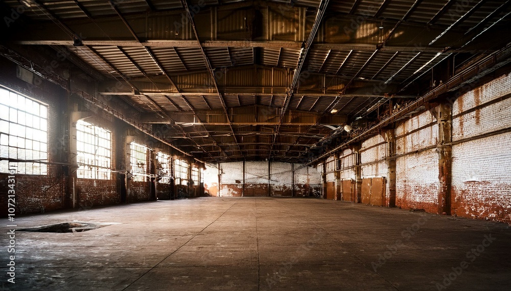 Nave industrial abandonada: Un interior grunge de una fábrica oscura y vacía con paredes de ladrillo blanco sucio, metal vintage y acero oxidado, creando un espacio grande y espeluznante. Nave industrial abandonada: Un interior grunge de una fábrica oscura y vacía con paredes de ladrillo blanco sucio, metal vintage y acero oxidado, creando un espacio grande y espeluznante.