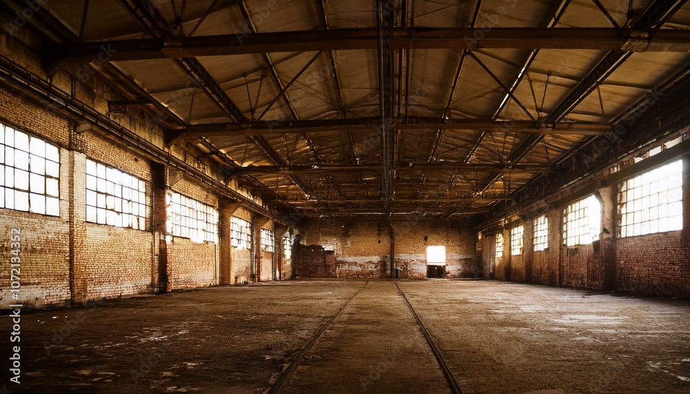 Nave industrial abandonada: Un interior grunge de una fábrica oscura y vacía con paredes de ladrillo blanco sucio, metal vintage y acero oxidado, creando un espacio grande y espeluznante. Nave industrial abandonada: Un interior grunge de una fábrica oscura y vacía con paredes de ladrillo blanco sucio, metal vintage y acero oxidado, creando un espacio grande y espeluznante.