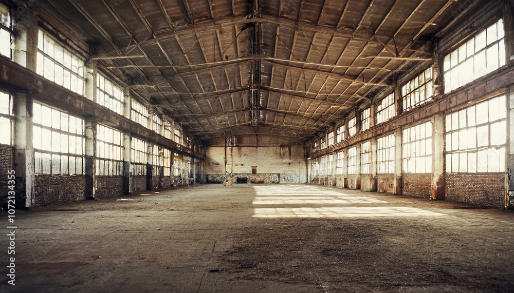 Nave industrial abandonada: Un interior grunge de una fábrica oscura y vacía con paredes de ladrillo blanco sucio, metal vintage y acero oxidado, creando un espacio grande y espeluznante. Nave industrial abandonada: Un interior grunge de una fábrica oscura y vacía con paredes de ladrillo blanco sucio, metal vintage y acero oxidado, creando un espacio grande y espeluznante.