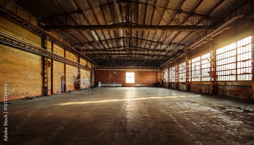 Nave industrial abandonada: Un interior grunge de una fábrica oscura y vacía con paredes de ladrillo blanco sucio, metal vintage y acero oxidado, creando un espacio grande y espeluznante. Nave industrial abandonada: Un interior grunge de una fábrica oscura y vacía con paredes de ladrillo blanco sucio, metal vintage y acero oxidado, creando un espacio grande y espeluznante.