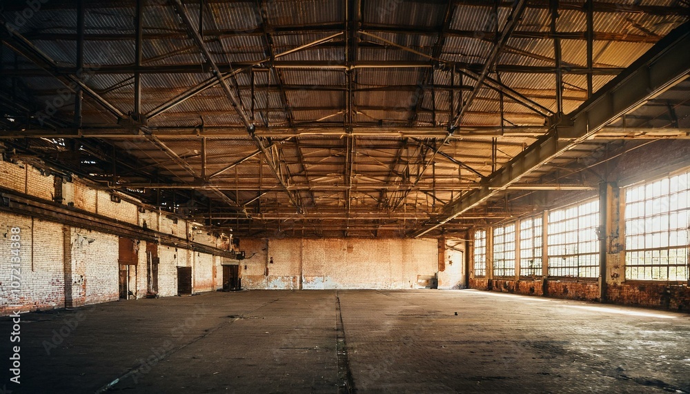 Nave industrial abandonada: Un interior grunge de una fábrica oscura y vacía con paredes de ladrillo blanco sucio, metal vintage y acero oxidado, creando un espacio grande y espeluznante. Nave industrial abandonada: Un interior grunge de una fábrica oscura y vacía con paredes de ladrillo blanco sucio, metal vintage y acero oxidado, creando un espacio grande y espeluznante.