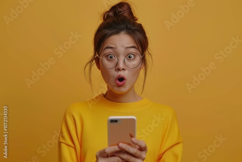 Surprised Asian woman looking at her phone photo