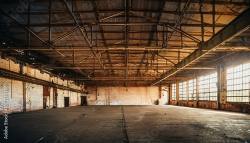 Nave industrial abandonada: Un interior grunge de una fábrica oscura y vacía con paredes de ladrillo blanco sucio, metal vintage y acero oxidado, creando un espacio grande y espeluznante.
