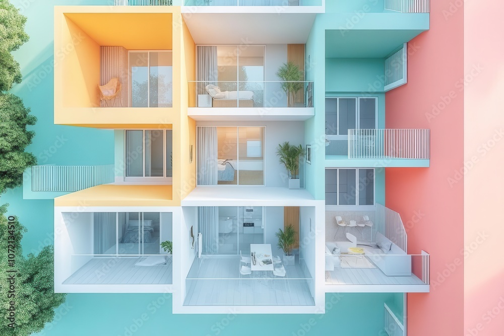 A colorful, modern architectural design featuring multiple interconnected living spaces with balconies and lush greenery surrounding them.