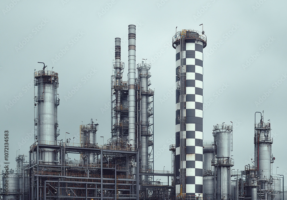A large industrial plant with many tall structures. The sky is cloudy and the atmosphere is industrial A large industrial plant with many tall structures. The sky is cloudy and the atmosphere is industrial