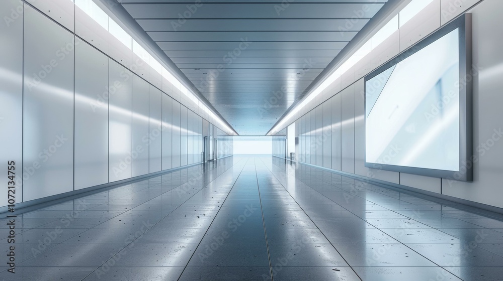 Naklejka premium Futuristic empty corridor interior with blank billboard
