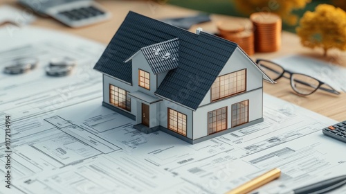 A small model house sits on top of blueprints and documents, surrounded by glasses and coins, symbolizing real estate and property planning.