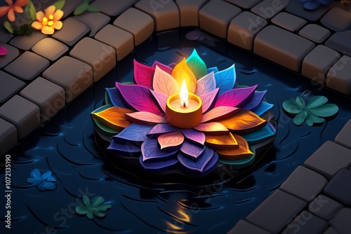 Pixel art of a krathong with bright colors and simple candle flame, floating on a pixelated river photo