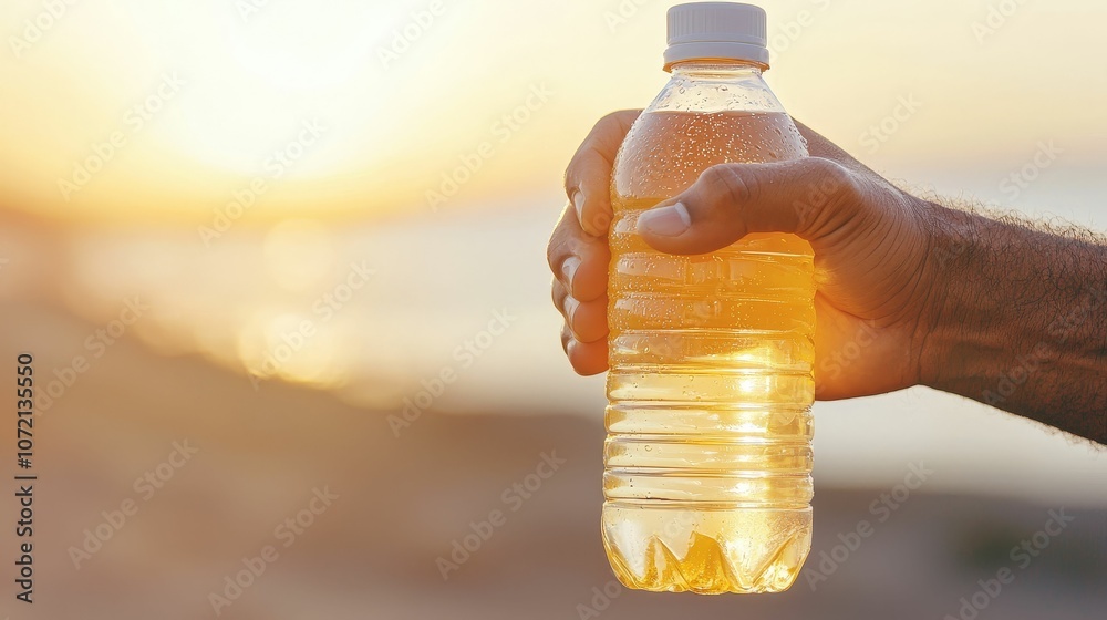 A hand holds a bottle of golden liquid against a sunset backdrop, suggesting refreshment and warmth coastal vibes. A hand holds a bottle of golden liquid against a sunset backdrop, suggesting refreshment and warmth coastal vibes.