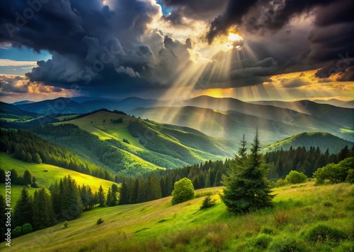 Breathtaking Long Exposure of Sunlight Breaking Through Rain Clouds Over the Green Hills of Svydovets Mountain Range in the Carpathians, Ukraine – A Stunning Summer Nature Scene photo