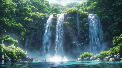 A scenic view of a waterfall in a tropical rainforest, mist rising, lush greens and vibrant blues, peaceful and serene natural setting