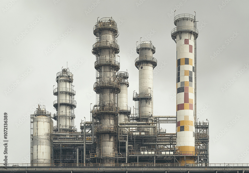 A large industrial plant with many tall structures. The sky is cloudy and the atmosphere is industrial A large industrial plant with many tall structures. The sky is cloudy and the atmosphere is industrial