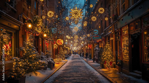 photo of street in new york decorated for christmas, new year decor, architecture, road, city, xmas