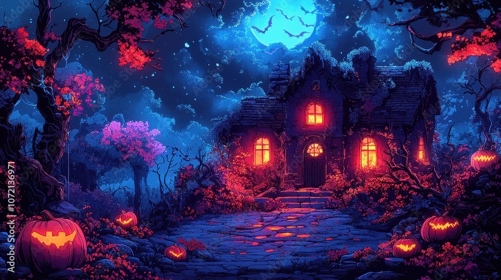 Fototapeta premium Colorful Groovy Cartoon Haunted Exploration Scene
