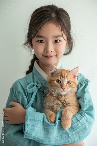 Little Asian girl hugging an orange cat