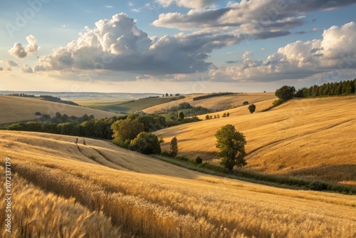 Golden Wheat Fields Under a Blue Sky in Poltava, Ukraine - Impressionist Rural Landscape Scene photo