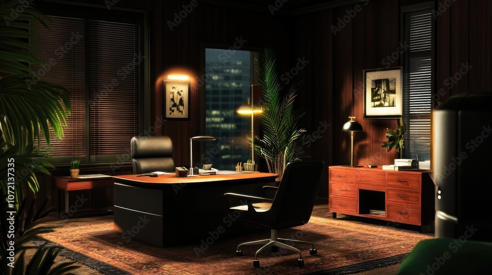 Fototapeta premium Sophisticated office space with dark tones and warm lighting