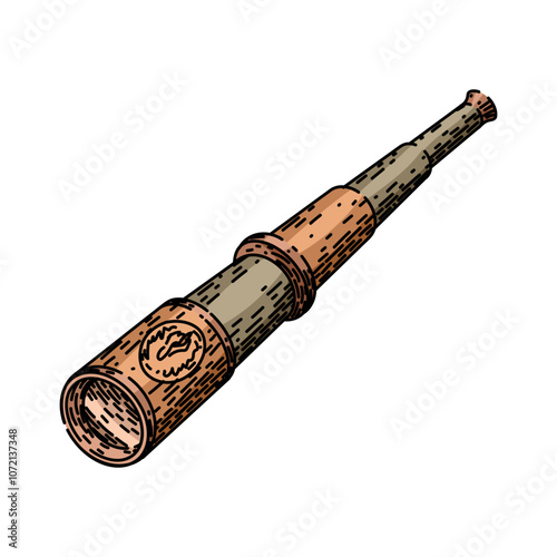 maritime spyglass hand drawn. nautical telescope, brass classic, explorer navigation maritime spyglass vector sketch. isolated color illustration