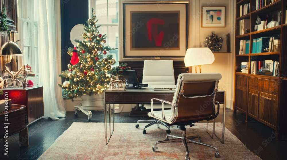 Open-plan home office with holiday decor touches Open-plan home office with holiday decor touches