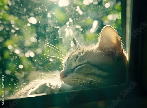 Cute Cat Sleeping in the Window with Sunlight