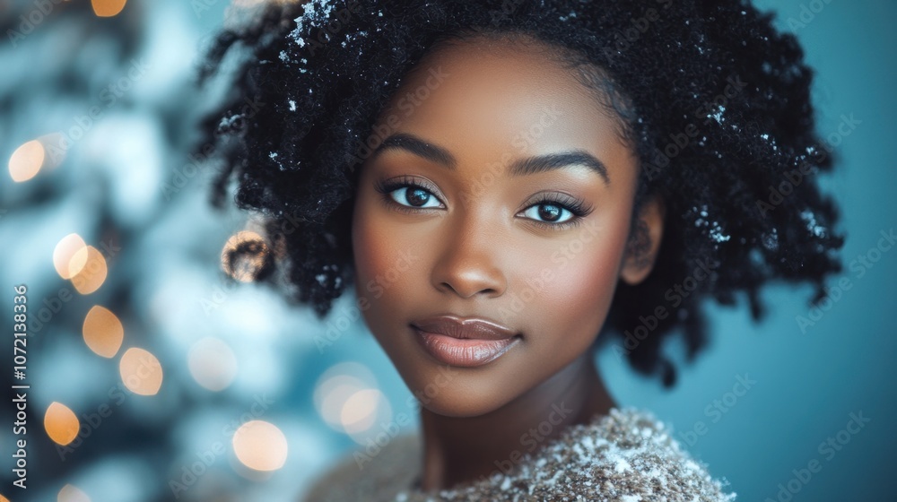 Beautiful young woman with curly hair and radiant skin, surrounded by soft bokeh lights and a snowy backdrop, capturing a moment of winter serenity and natural elegance. Beautiful young woman with curly hair and radiant skin, surrounded by soft bokeh lights and a snowy backdrop, capturing a moment of winter serenity and natural elegance.