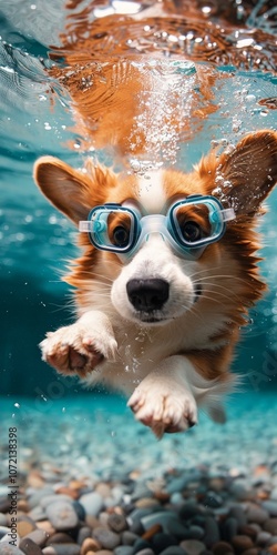 Underwater Corgi Wearing Goggles photo