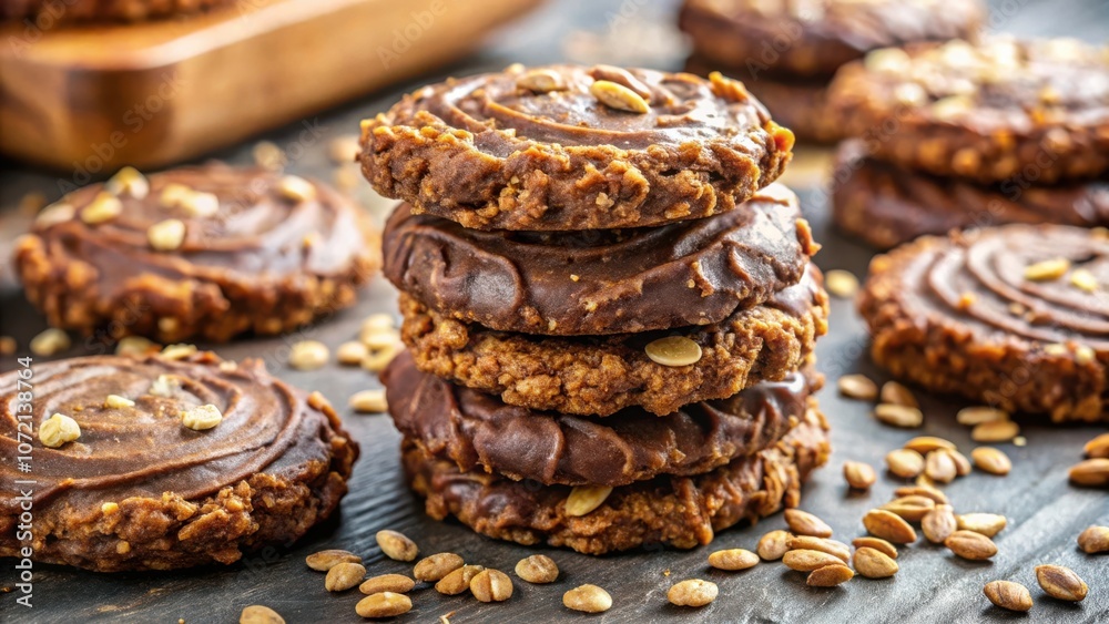 Closeup of a Stack of Chocolate-Covered Oat Cookies with Scattered Seeds on a Dark Wooden Table Closeup of a Stack of Chocolate-Covered Oat Cookies with Scattered Seeds on a Dark Wooden Table