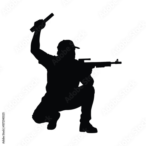 a black silhouette of a man in a crouching position, holding a gun in his right hand