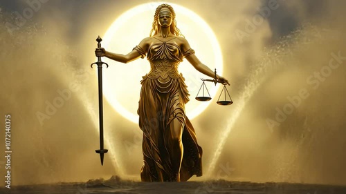 A statue of Justice holding scales and a sword, set against a glowing background.
