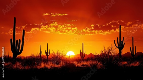 A fiery sunset casts long shadows over a desert landscape, with silhouetted cacti and mountains. photo