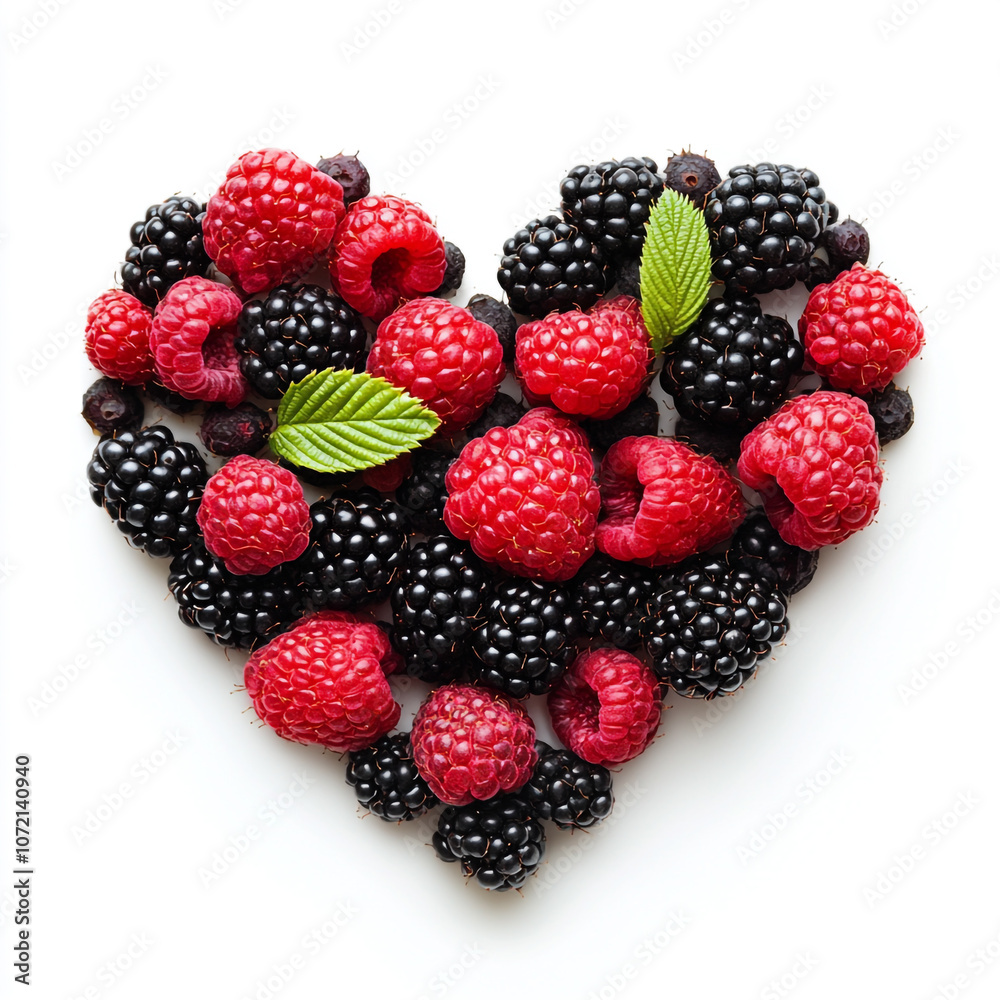 A heart shape made of blackberries and raspberries on a white background. A heart shape made of blackberries and raspberries on a white background.