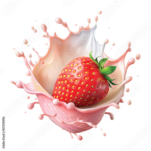 realistic 3d rendering pink colour milk splash with strawberrys design