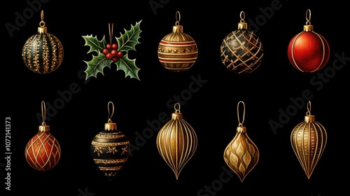 Festive Collection of Vintage Christmas Ornaments with Holly and Berries on a Dark Background, Perfect for Holiday Decoration and Seasonal Themes