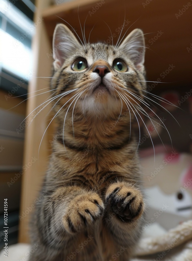 A cute tabby cat looking up with its paws in the air A cute tabby cat looking up with its paws in the air