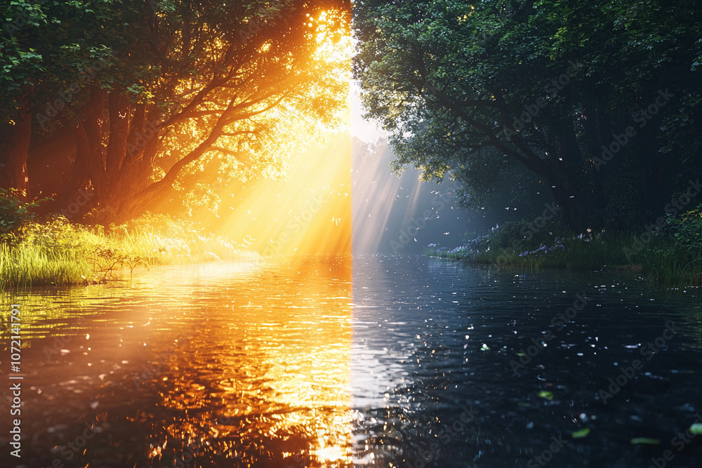 Sunlight breaking through trees over a serene river at dawn Sunlight breaking through trees over a serene river at dawn
