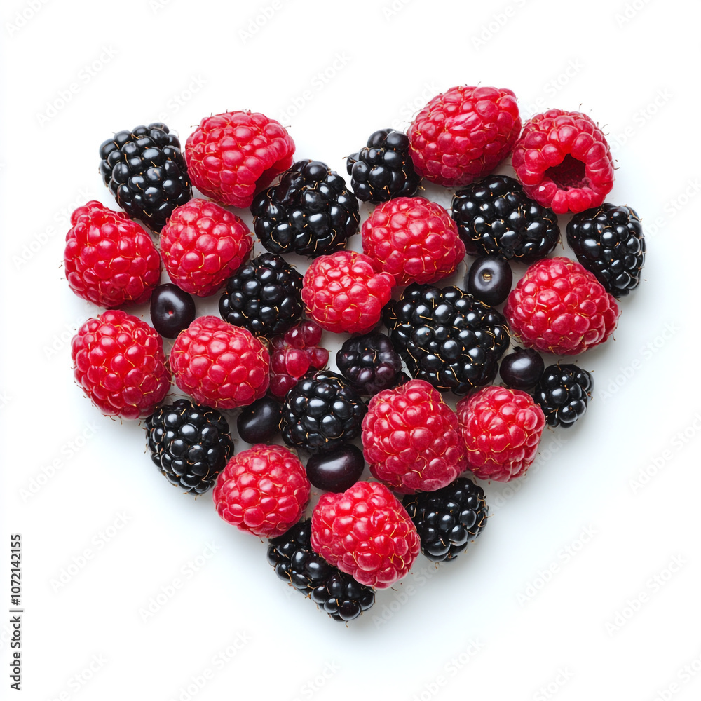 A heart shape made of blackberries and raspberries on a white background. A heart shape made of blackberries and raspberries on a white background.
